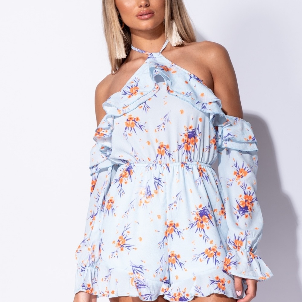 Tahitian Goddess Blue Floral Ruffle Romper - Picture 5 of 7